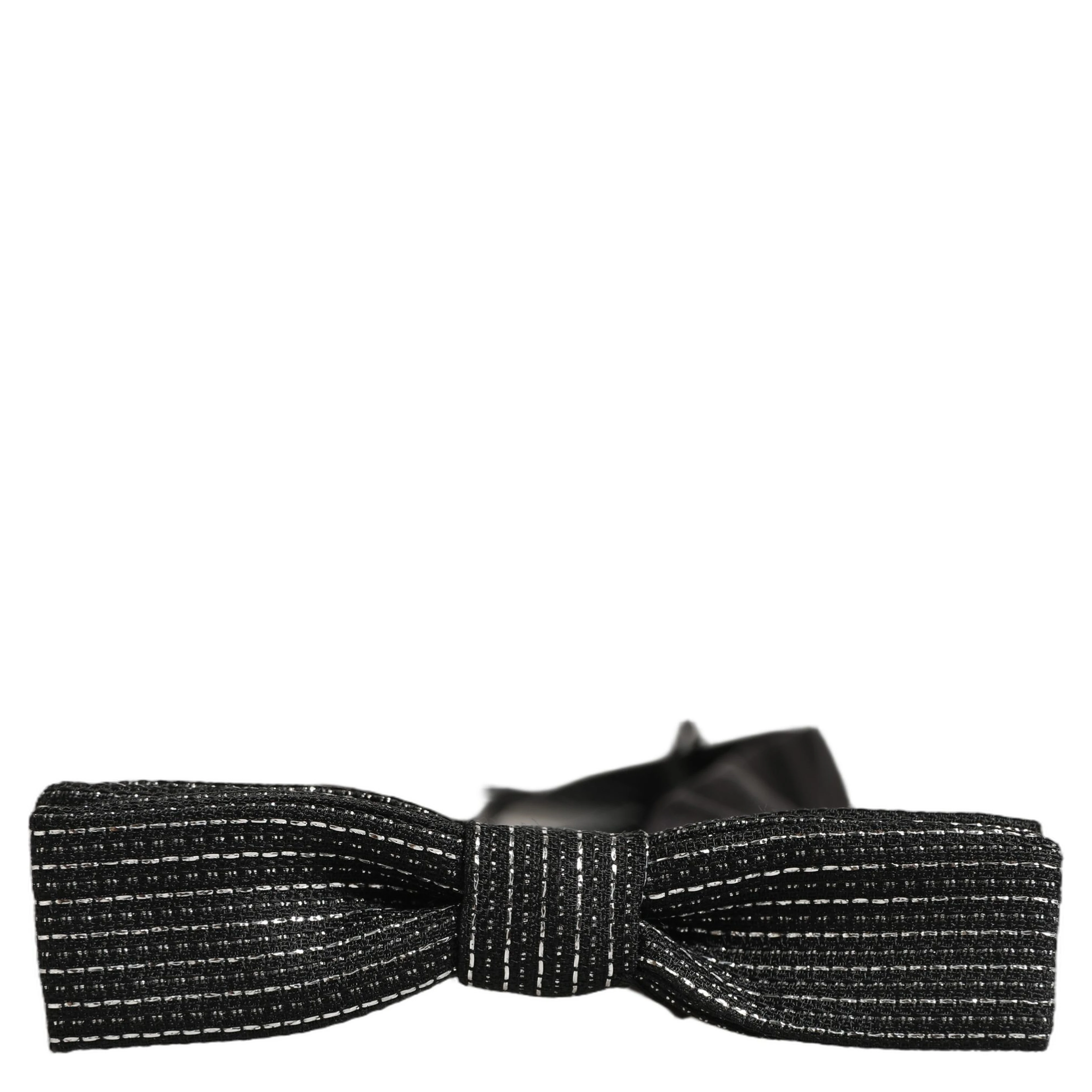 Men Black Silver Ribbed Adjustable Neck Papillon Bow Tie