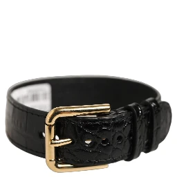 Black Textured Leather Gold Buckle Belt Strap Bracelet