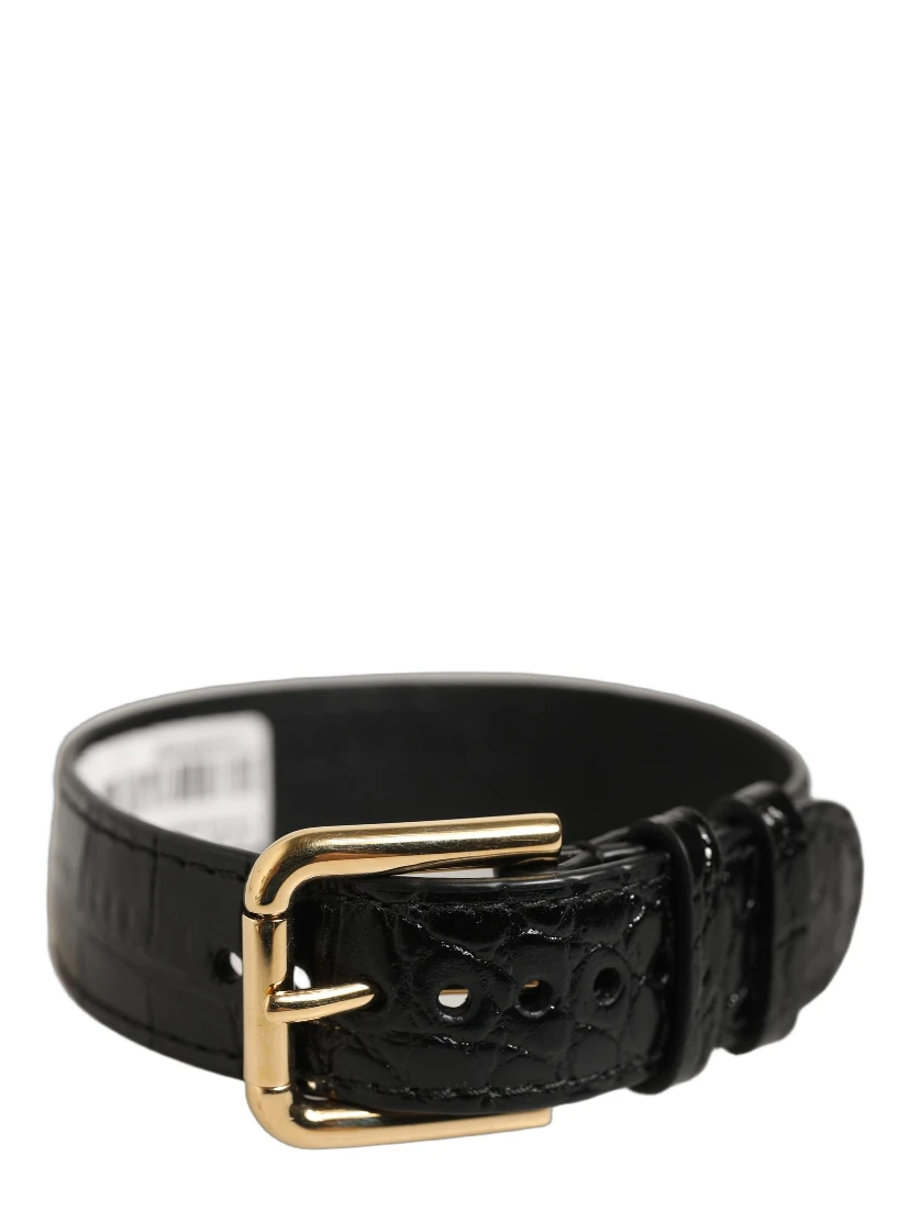 Black Textured Leather Gold Buckle Belt Strap Bracelet