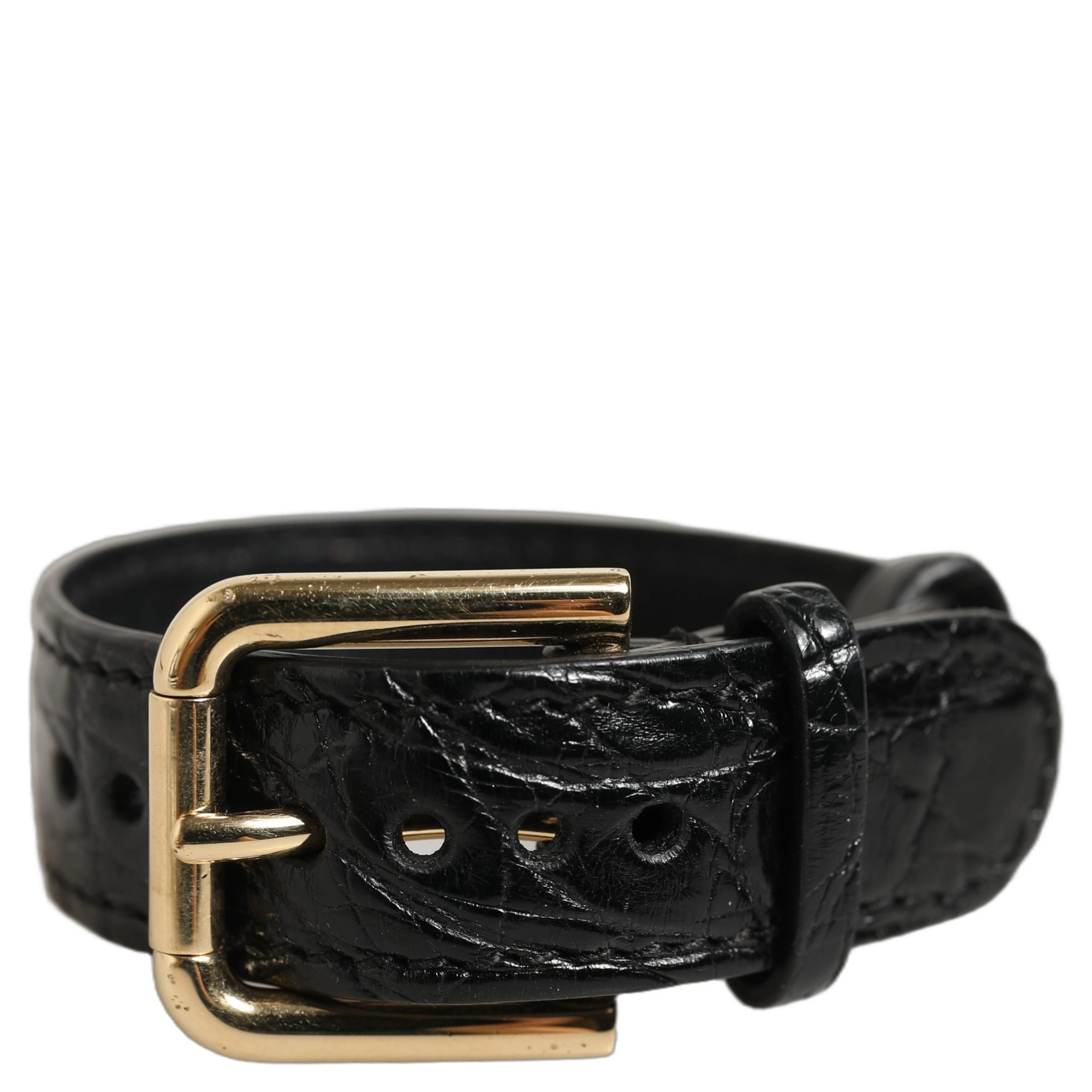 Black Textured Leather Gold Buckle Belt Strap Bracelet