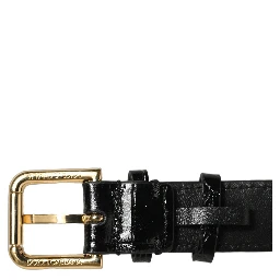 Black Textured Leather Gold Buckle Belt Strap Bracelet