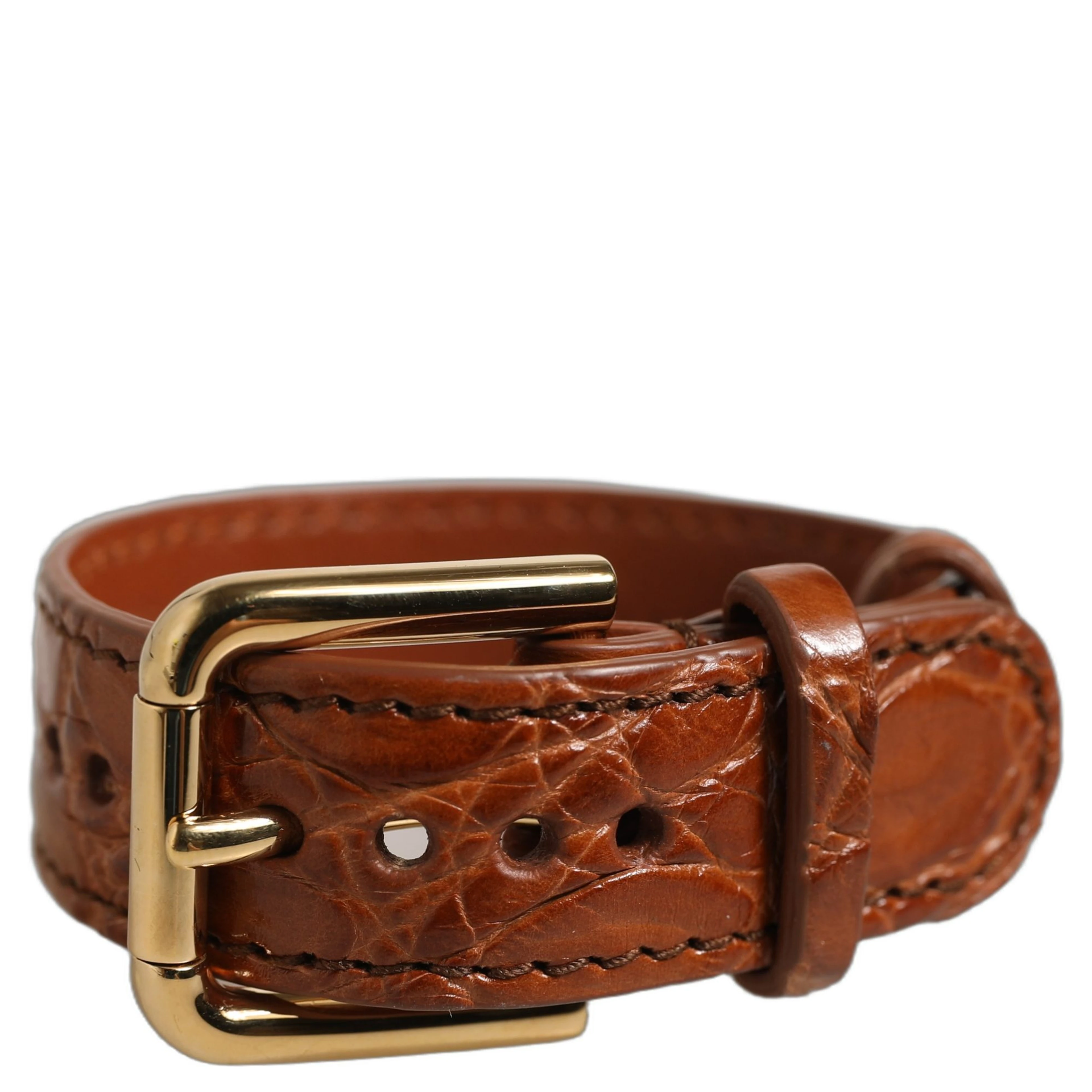 Brown Textured Leather Gold Buckle Belt Strap Bracelet