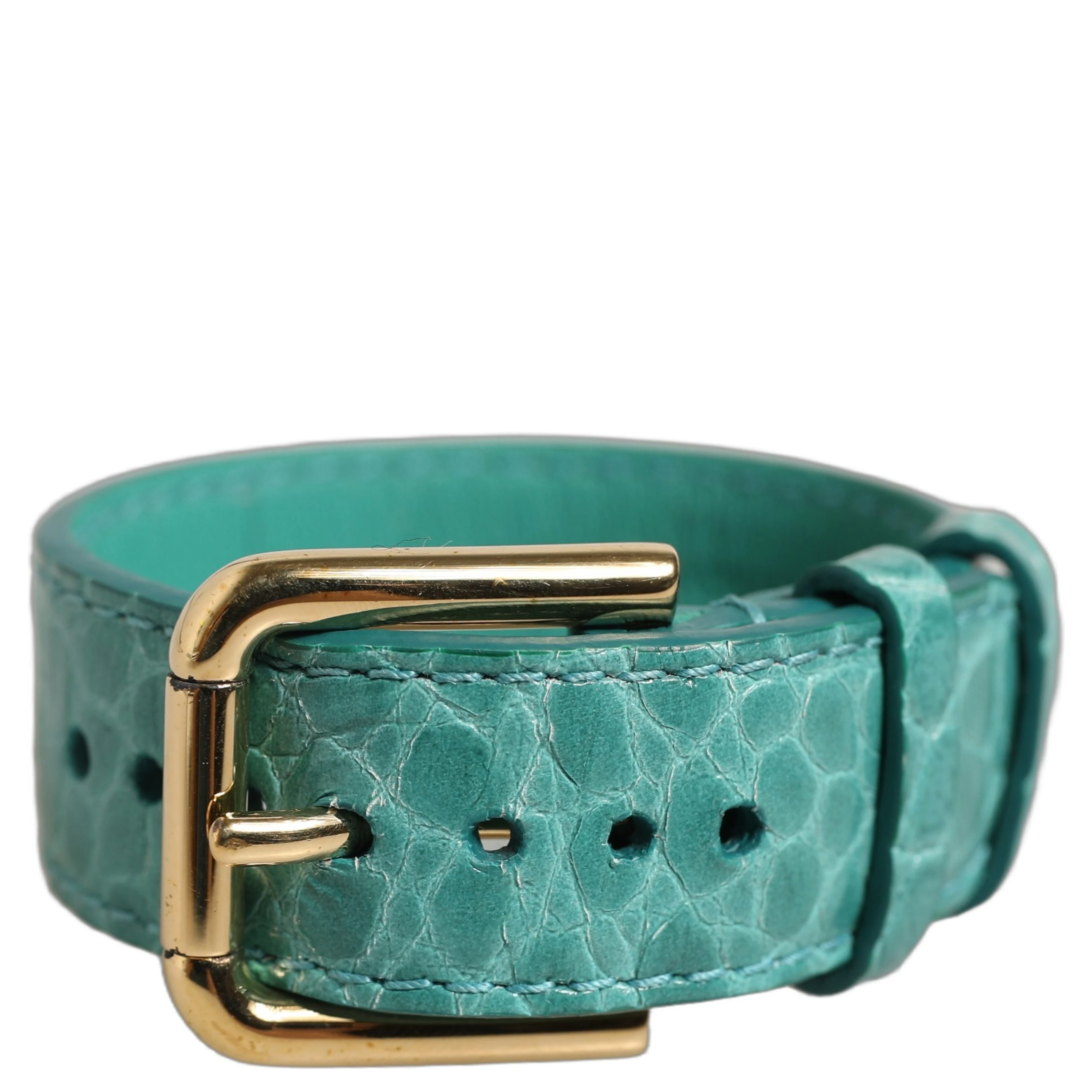 Blue Embossed Leather Gold Buckle Belt Strap Bracelet