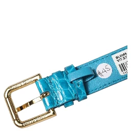 Blue Embossed Leather Gold Buckle Belt Strap Bracelet
