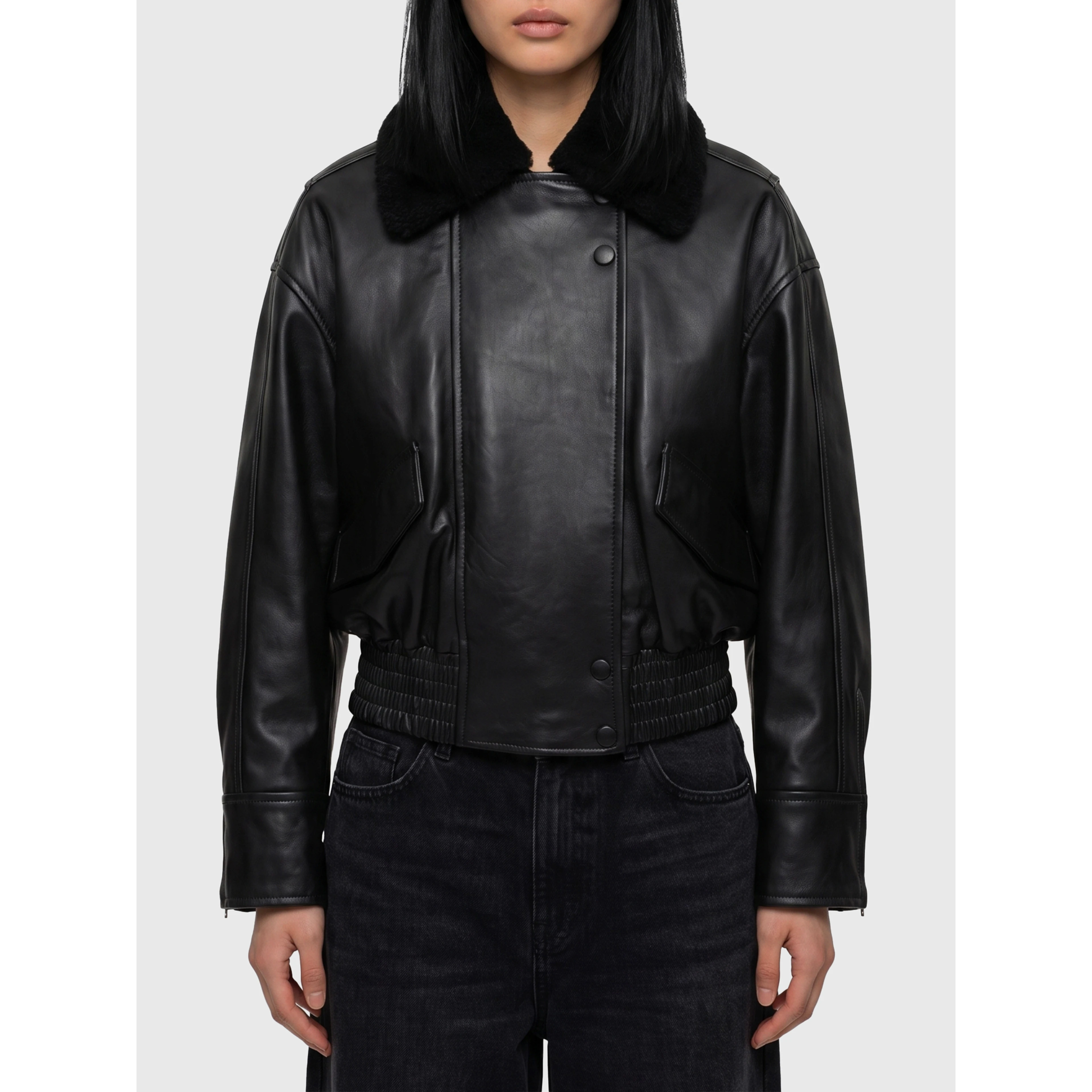 Black leather IOLaila Lane bomber jacket