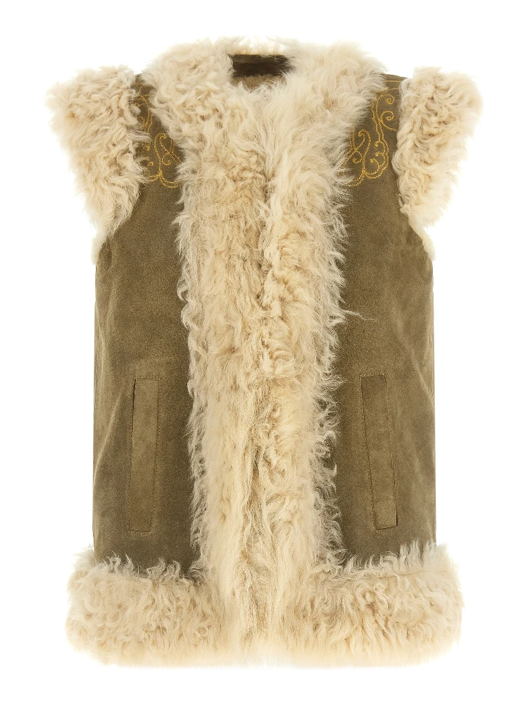 Beige Lamb Fur Sleeveless Jacket