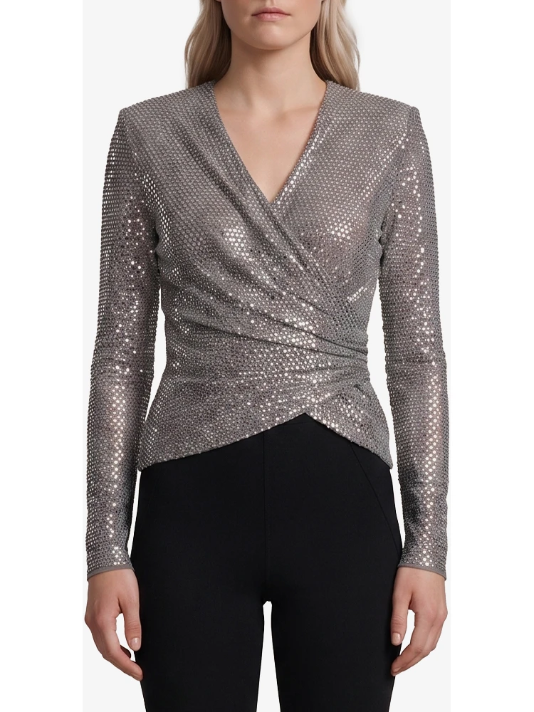 Grey rhinestone mesh wrap top