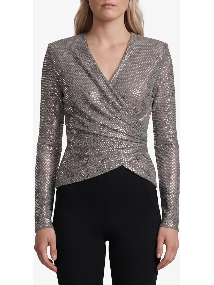 Grey rhinestone mesh wrap top
