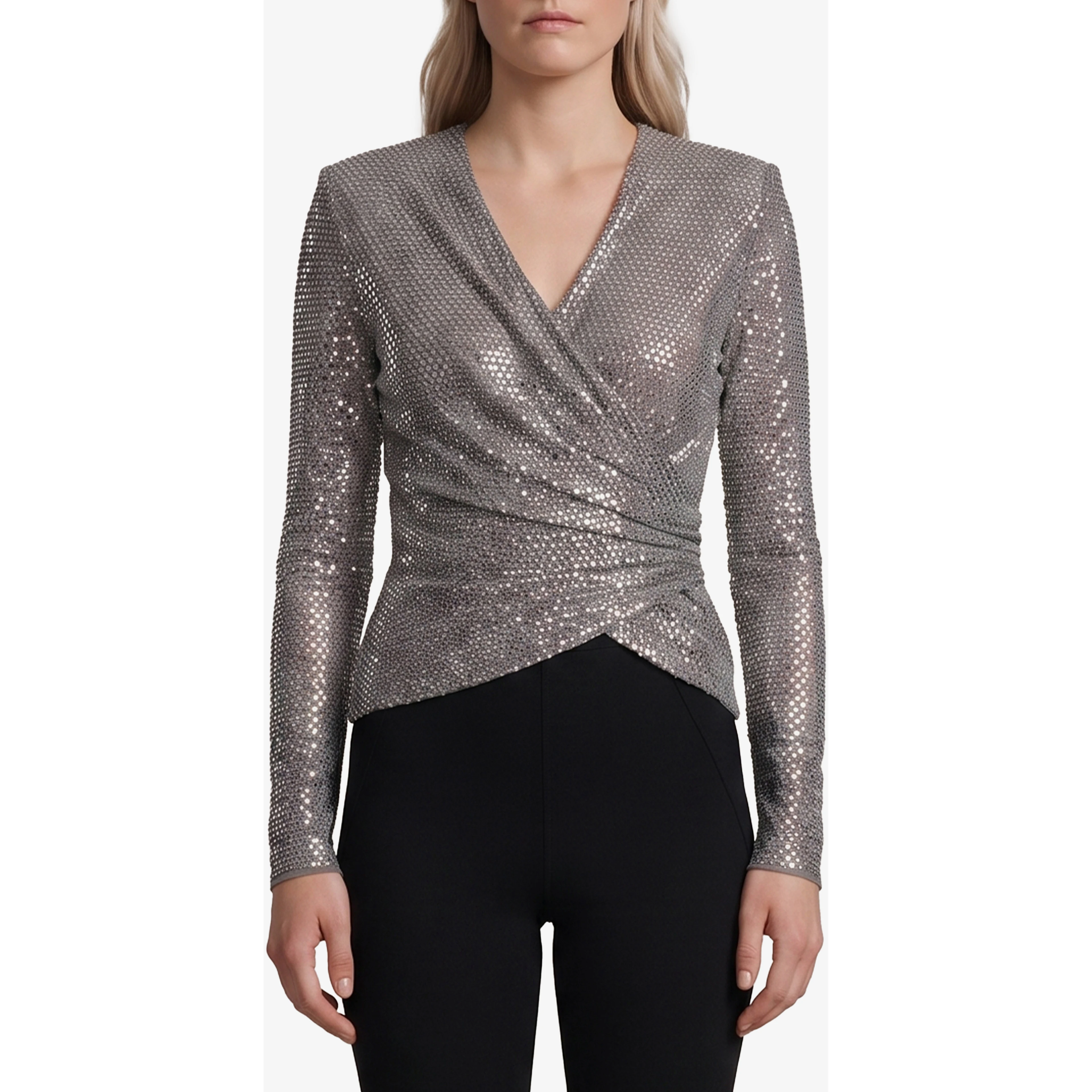 Grey rhinestone mesh wrap top
