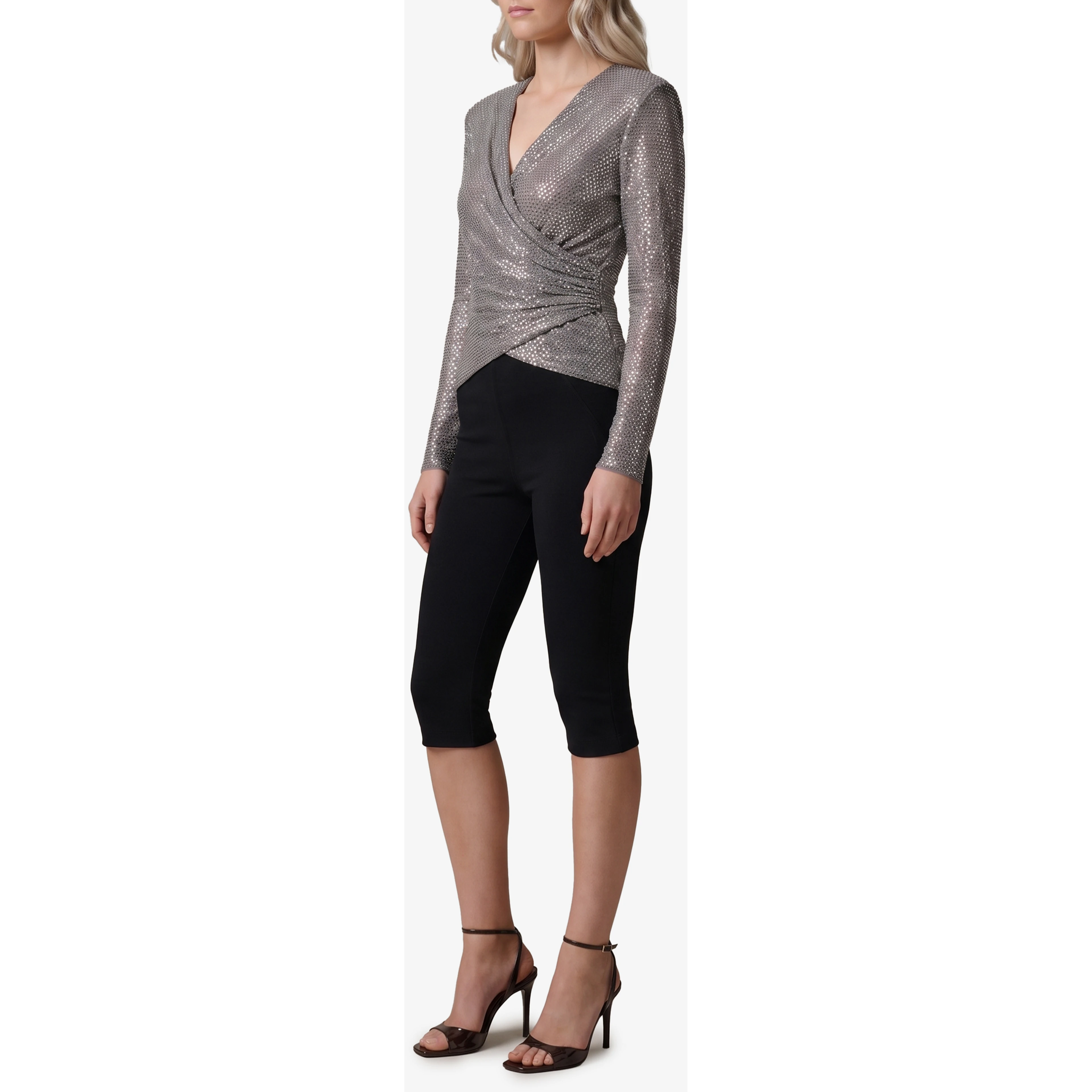 Grey rhinestone mesh wrap top