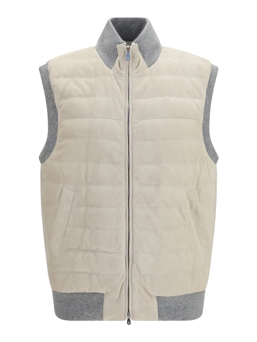 Beige Calf Leather Bos Taurus Sleeveless Jacket