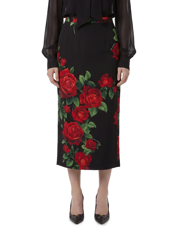 Red Rose print midi skirt