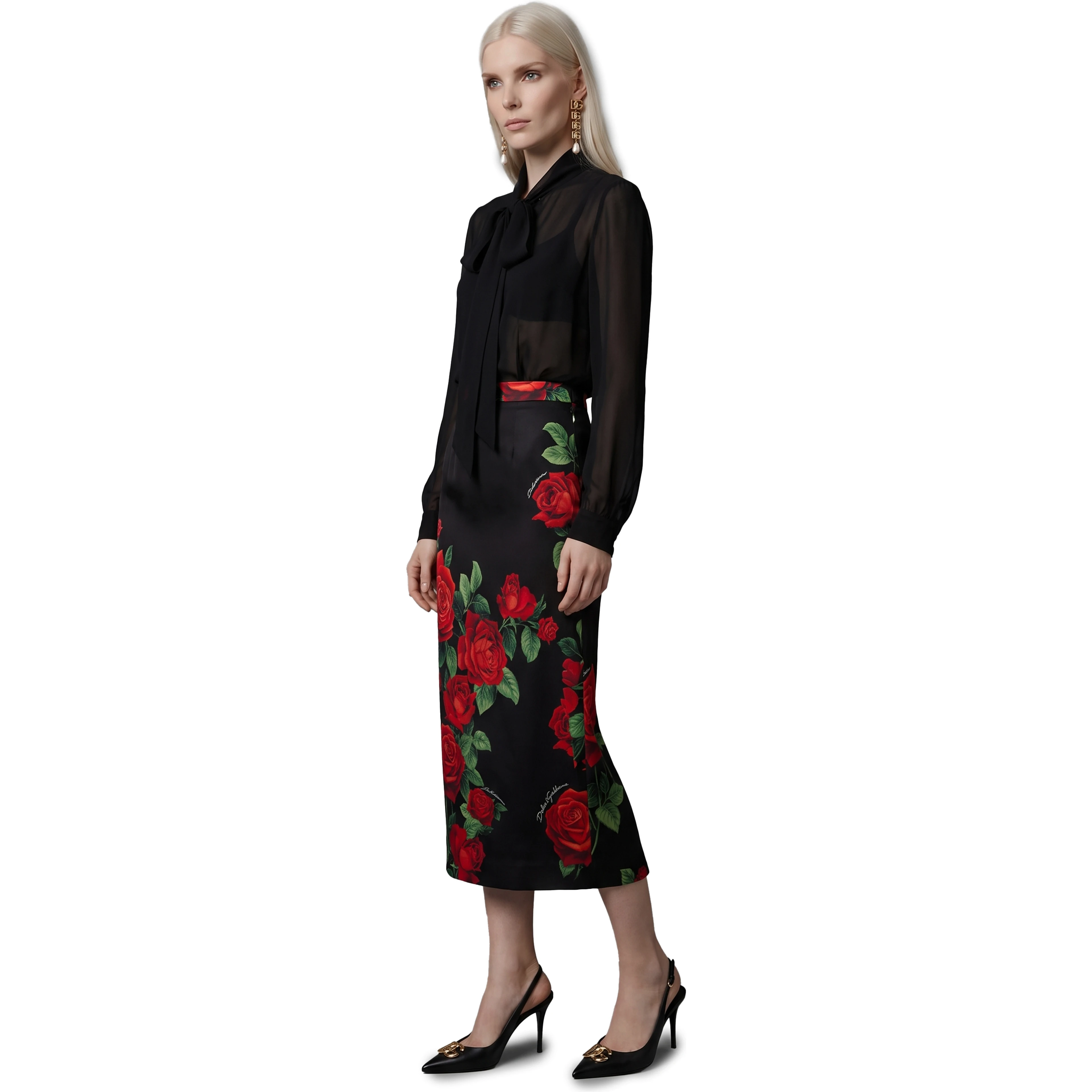Red Rose print midi skirt