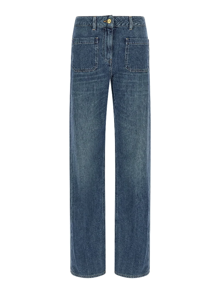 Blue Cotton Straight-Leg Jeans