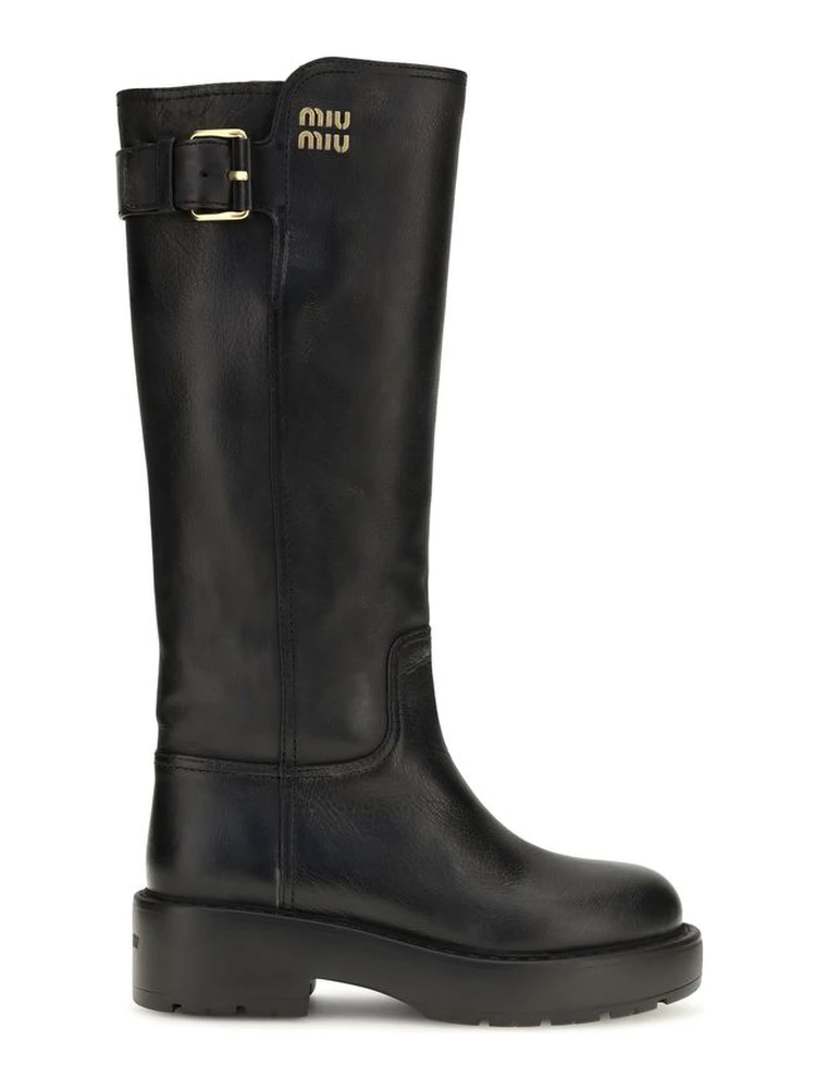 Black Calf Leather Bos Taurus Flat Boots