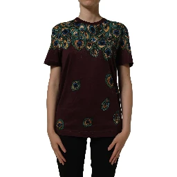 Burgundy Peacock Feather Round Neck T-shirt