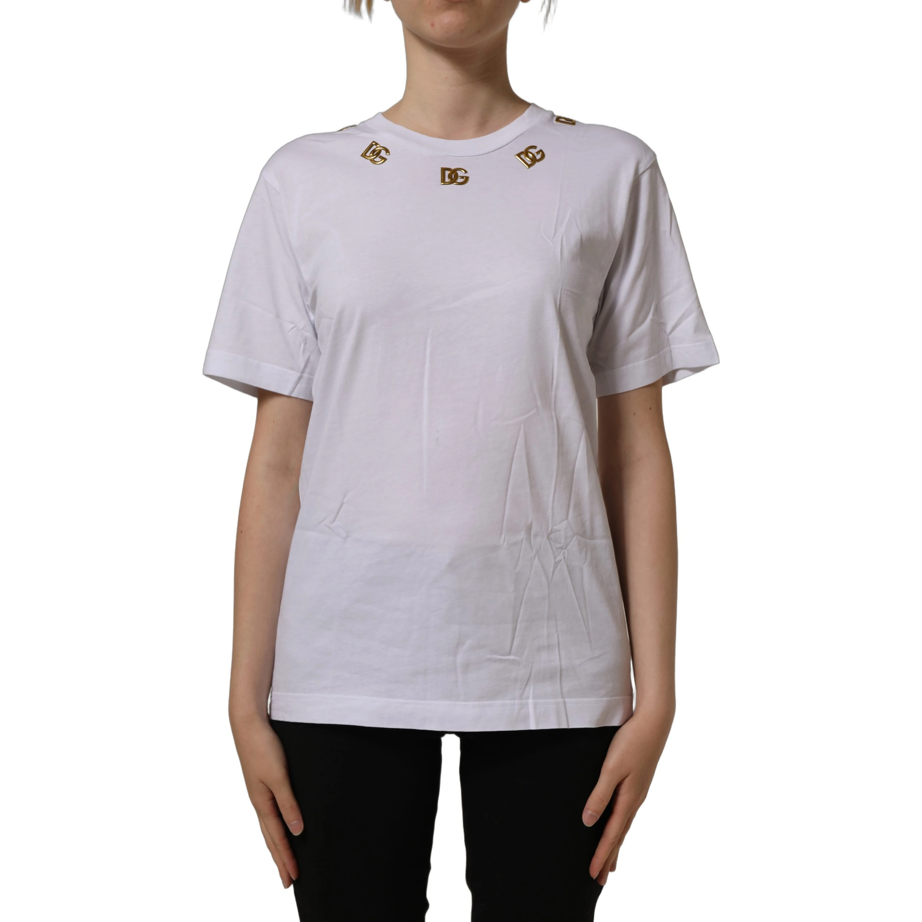 White Cotton Gold DG Logo Crew Neck T-shirt