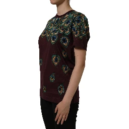 Burgundy Peacock Feather Round Neck T-shirt