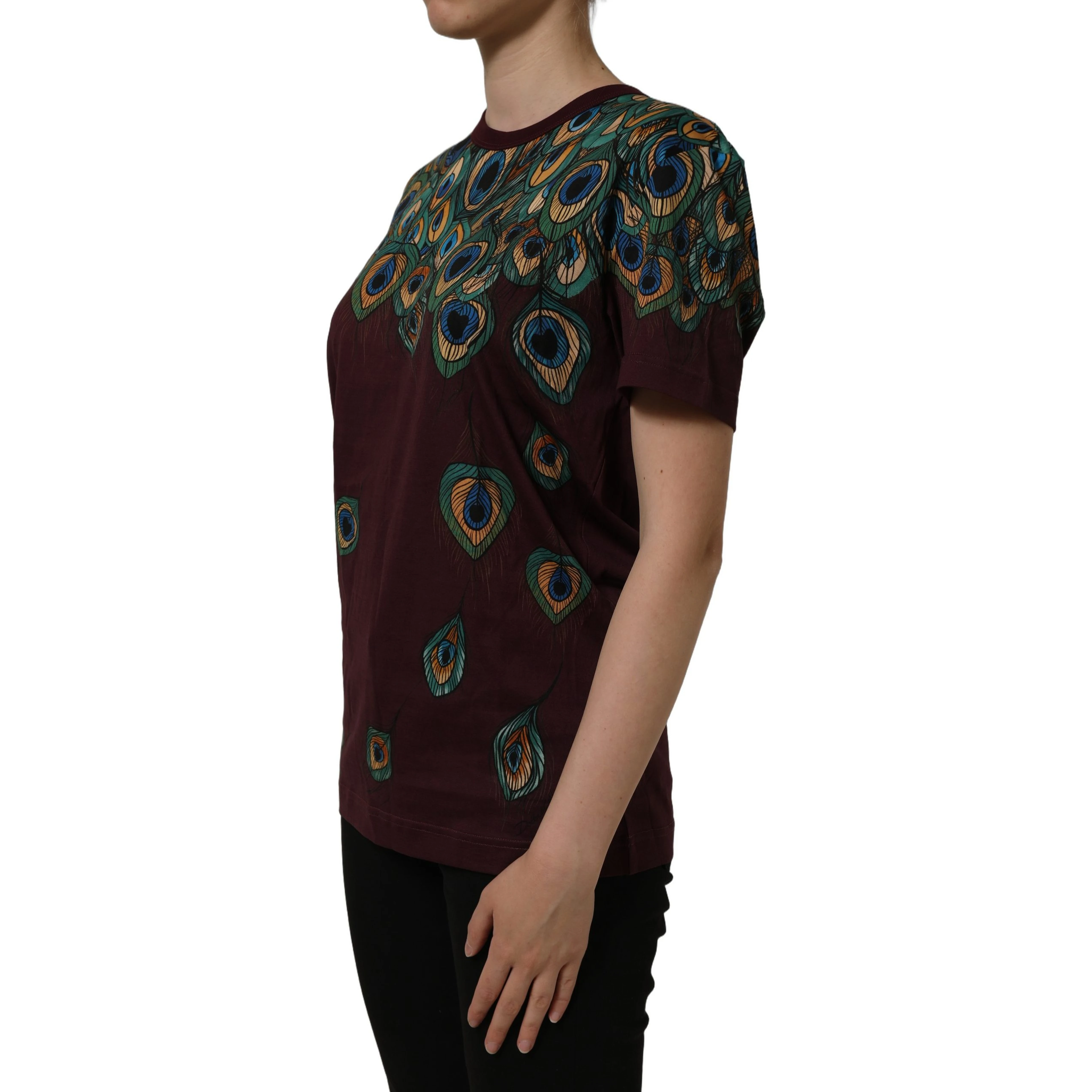 Burgundy Peacock Feather Round Neck T-shirt