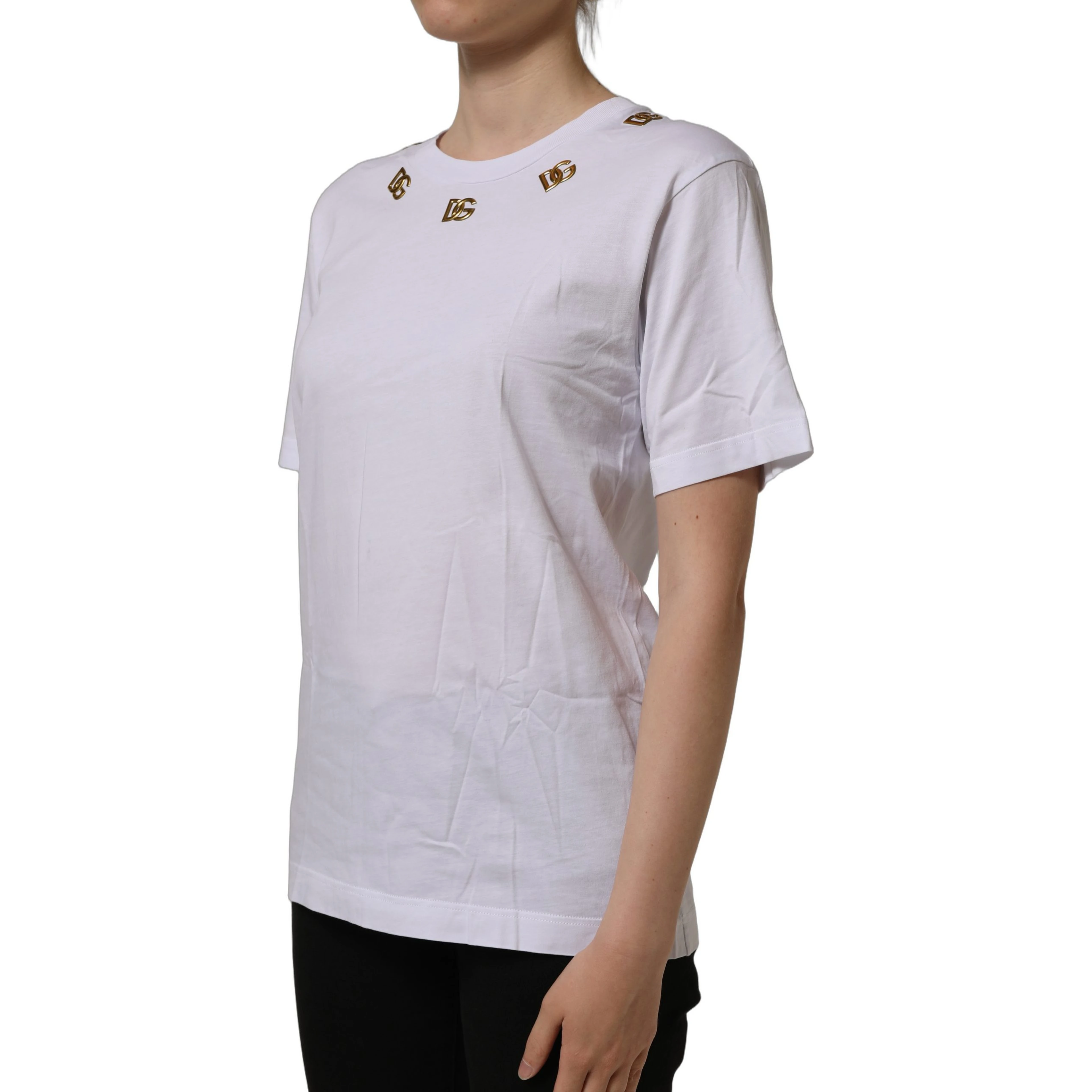 White Cotton Gold DG Logo Crew Neck T-shirt