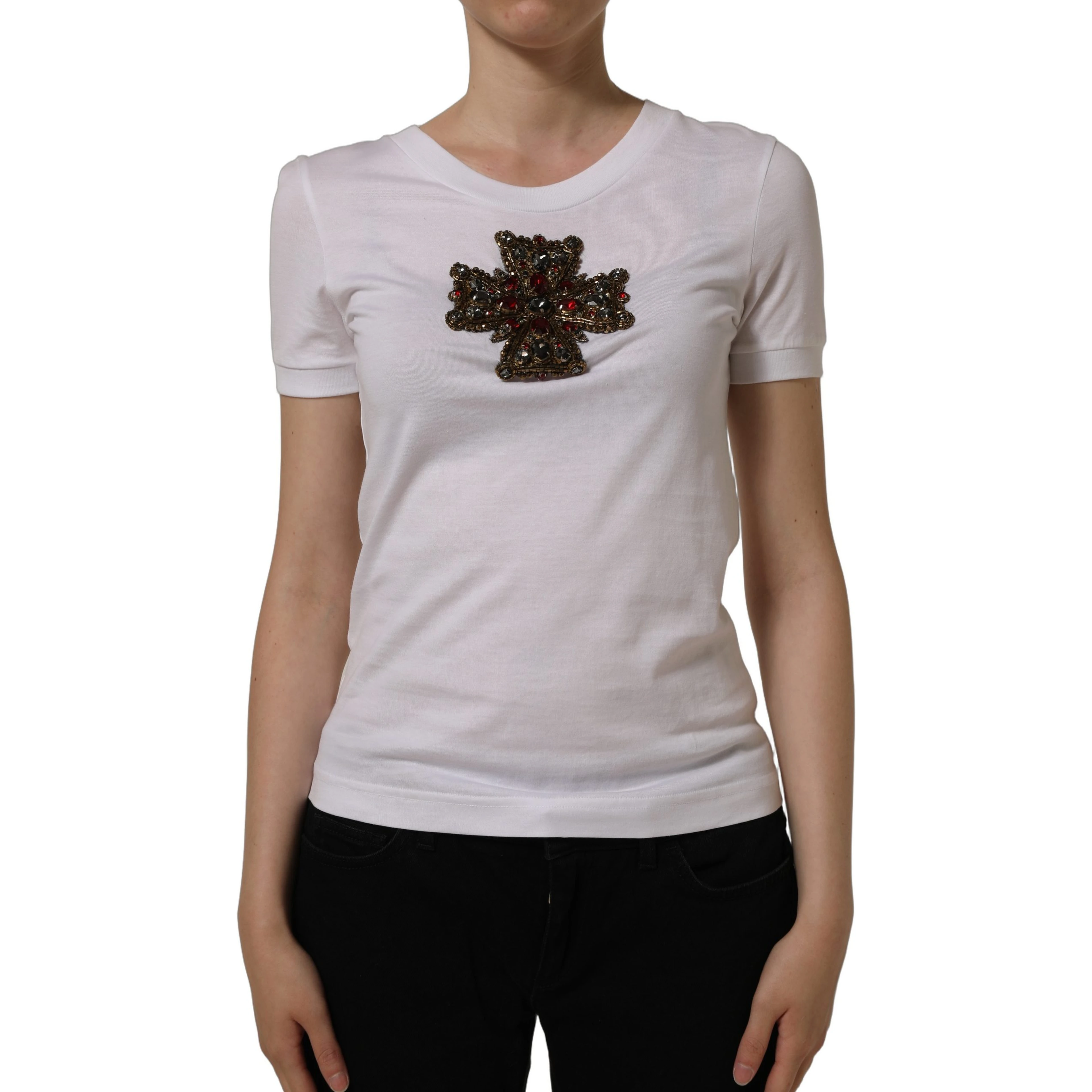 White Crystal Embellished Cross Top T-shirt