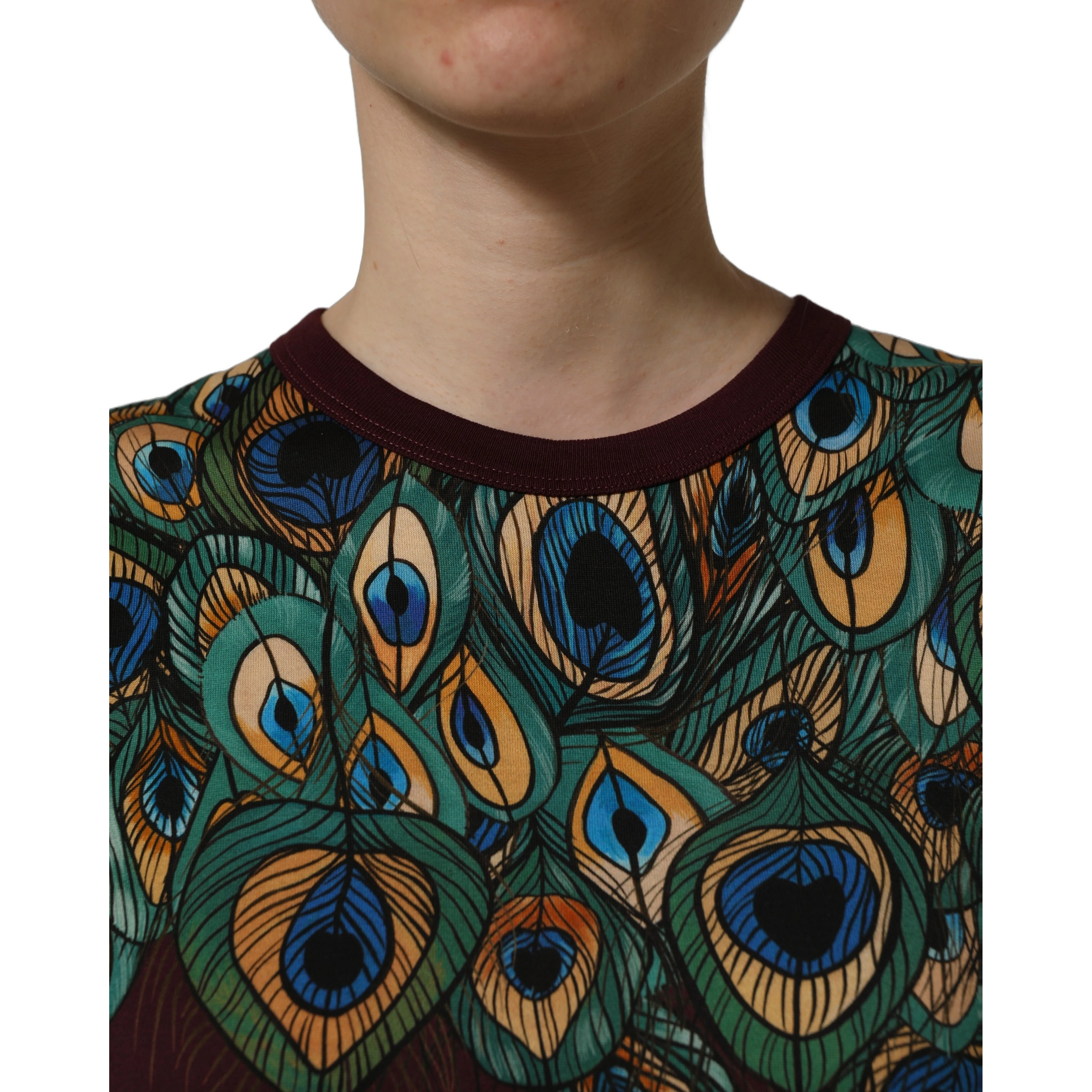 Burgundy Peacock Feather Round Neck T-shirt