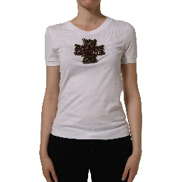 White Crystal Embellished Cross Top T-shirt