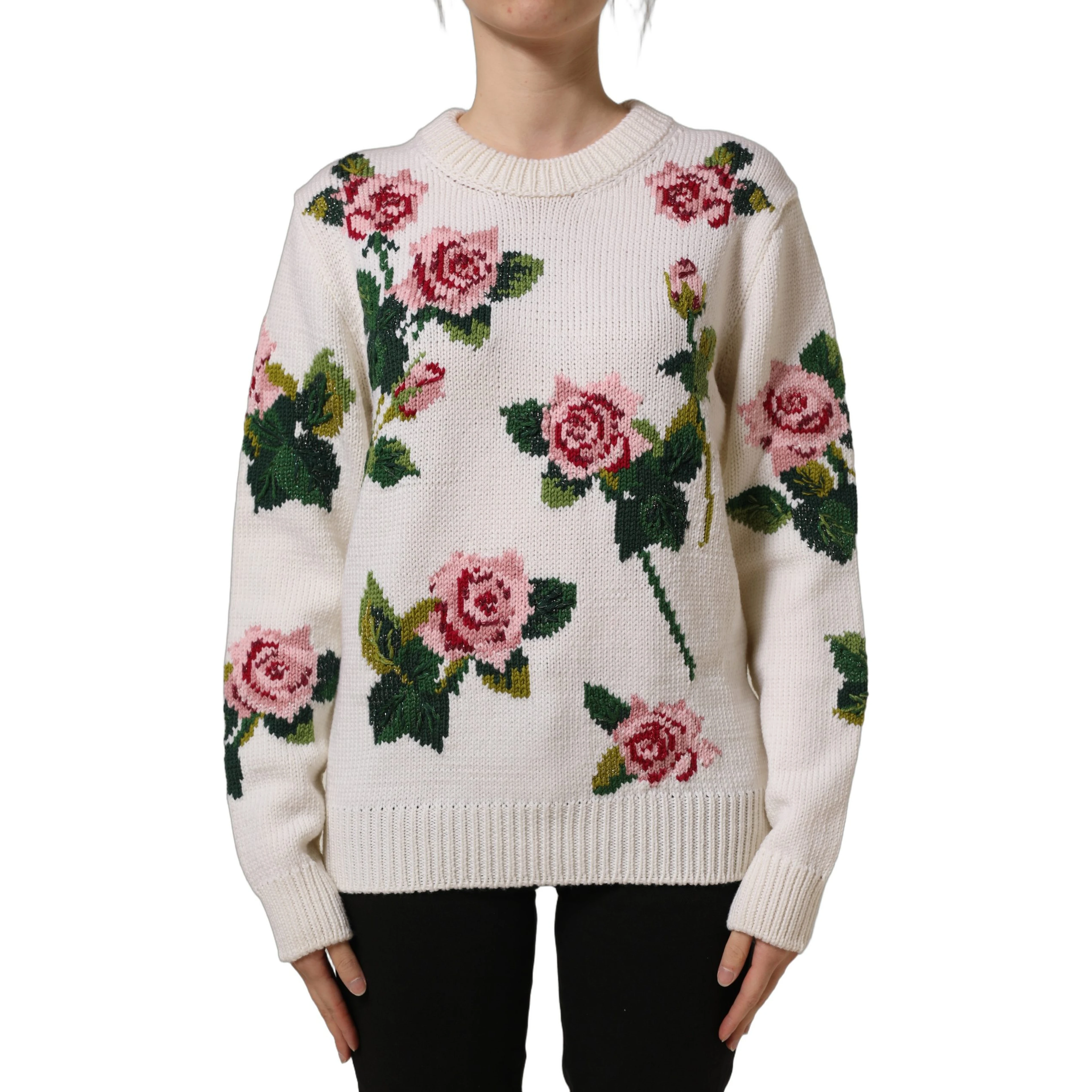 White Wool Floral Crew Neck Pullover Sweater