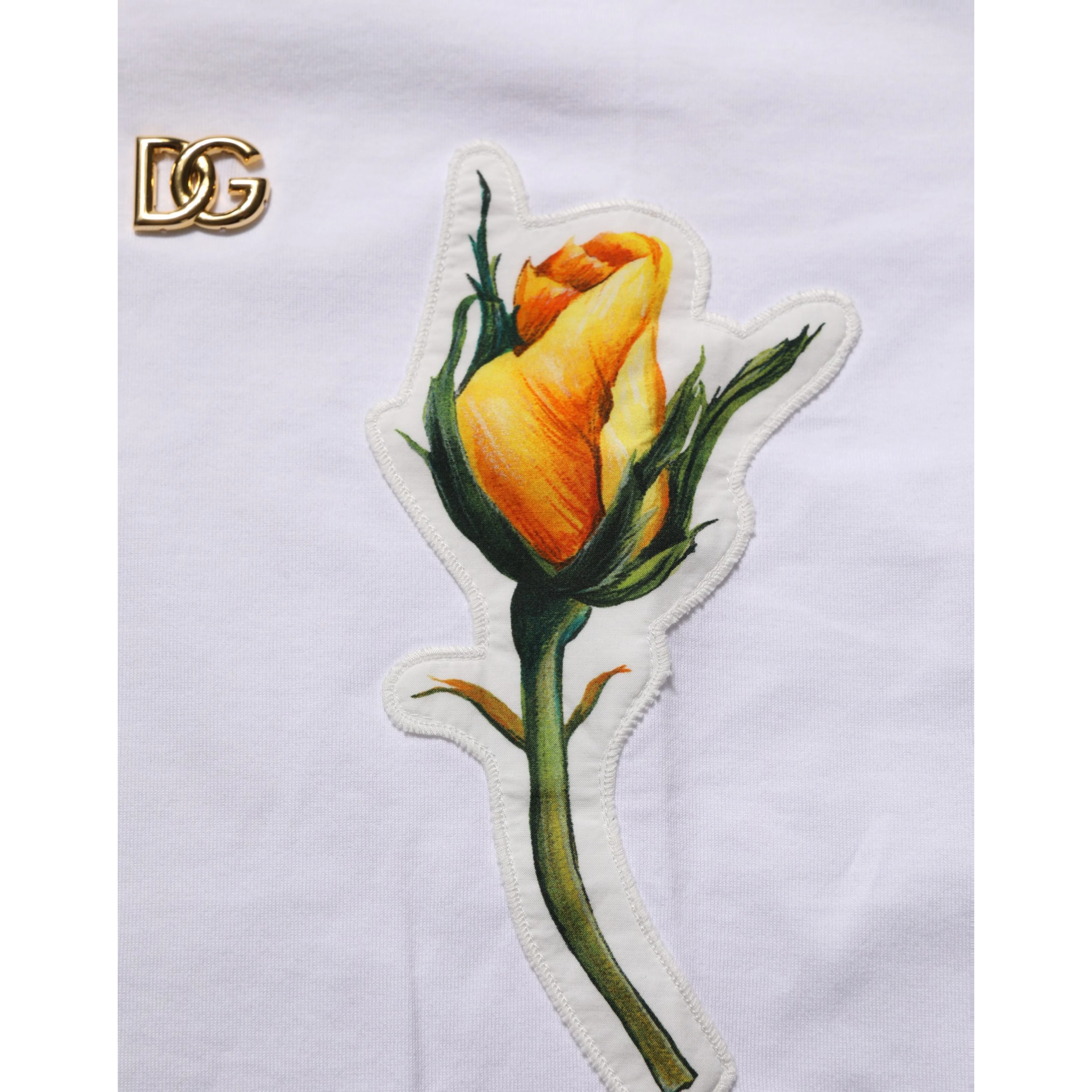 White Cotton Rose Patch Crew Neck T-shirt