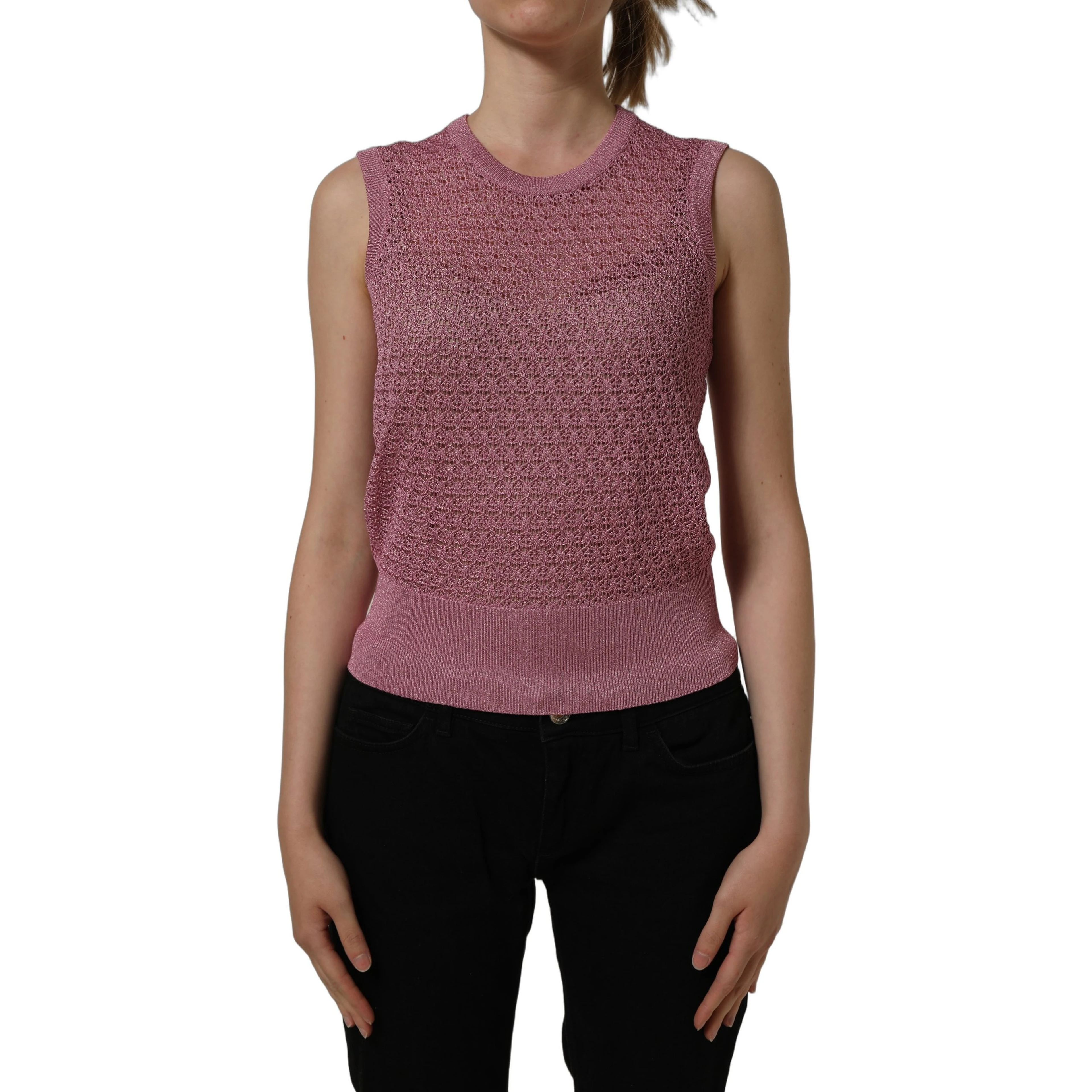 Pink Sheer Mesh Crew Neck Sleeveless Tank Top