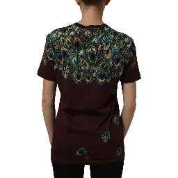 Burgundy Peacock Feather Round Neck T-shirt