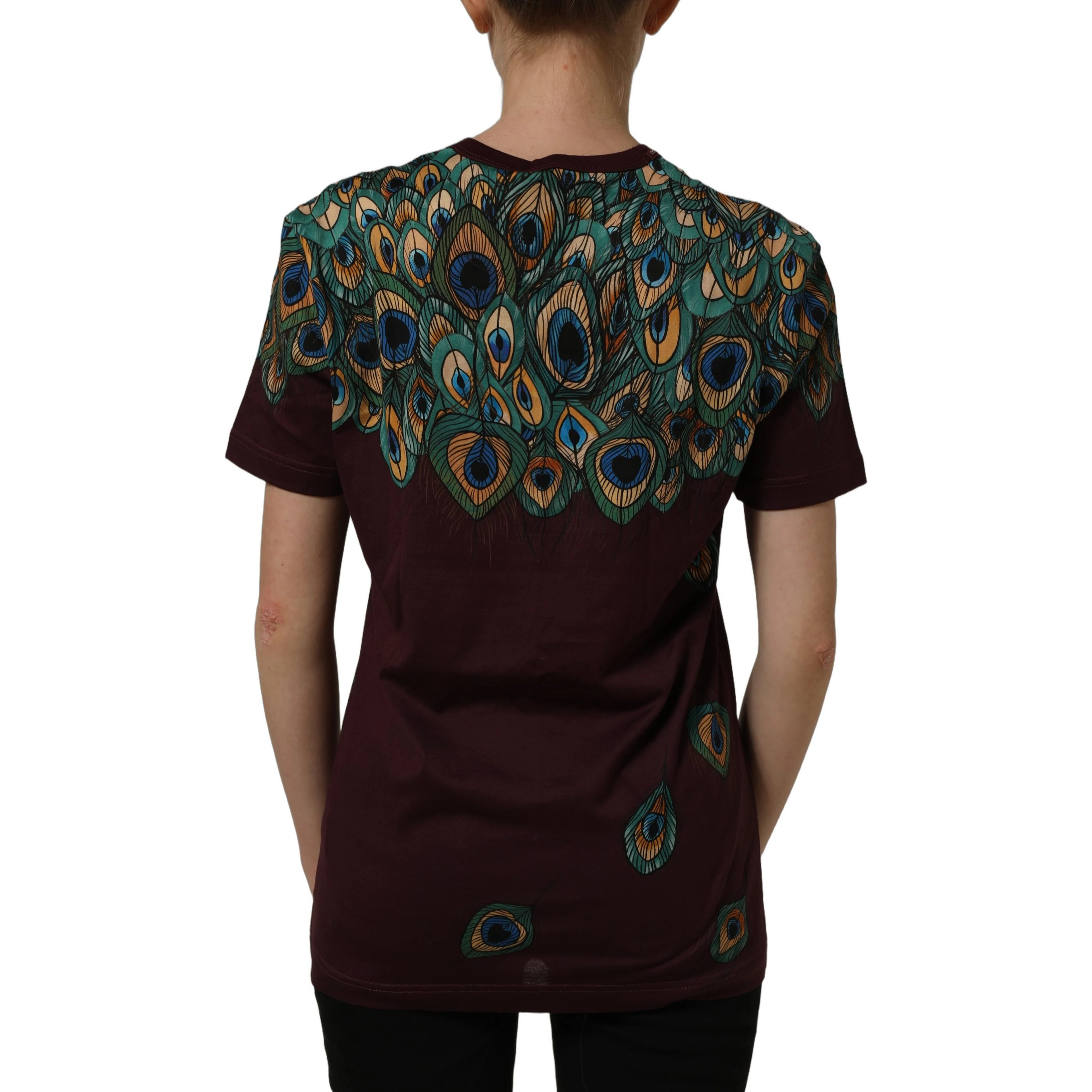 Burgundy Peacock Feather Round Neck T-shirt