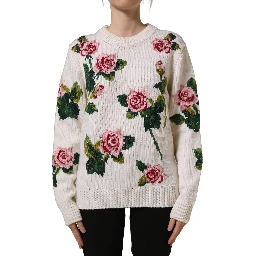 White Wool Floral Crew Neck Pullover Sweater