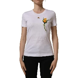 White Cotton Rose Patch Crew Neck T-shirt