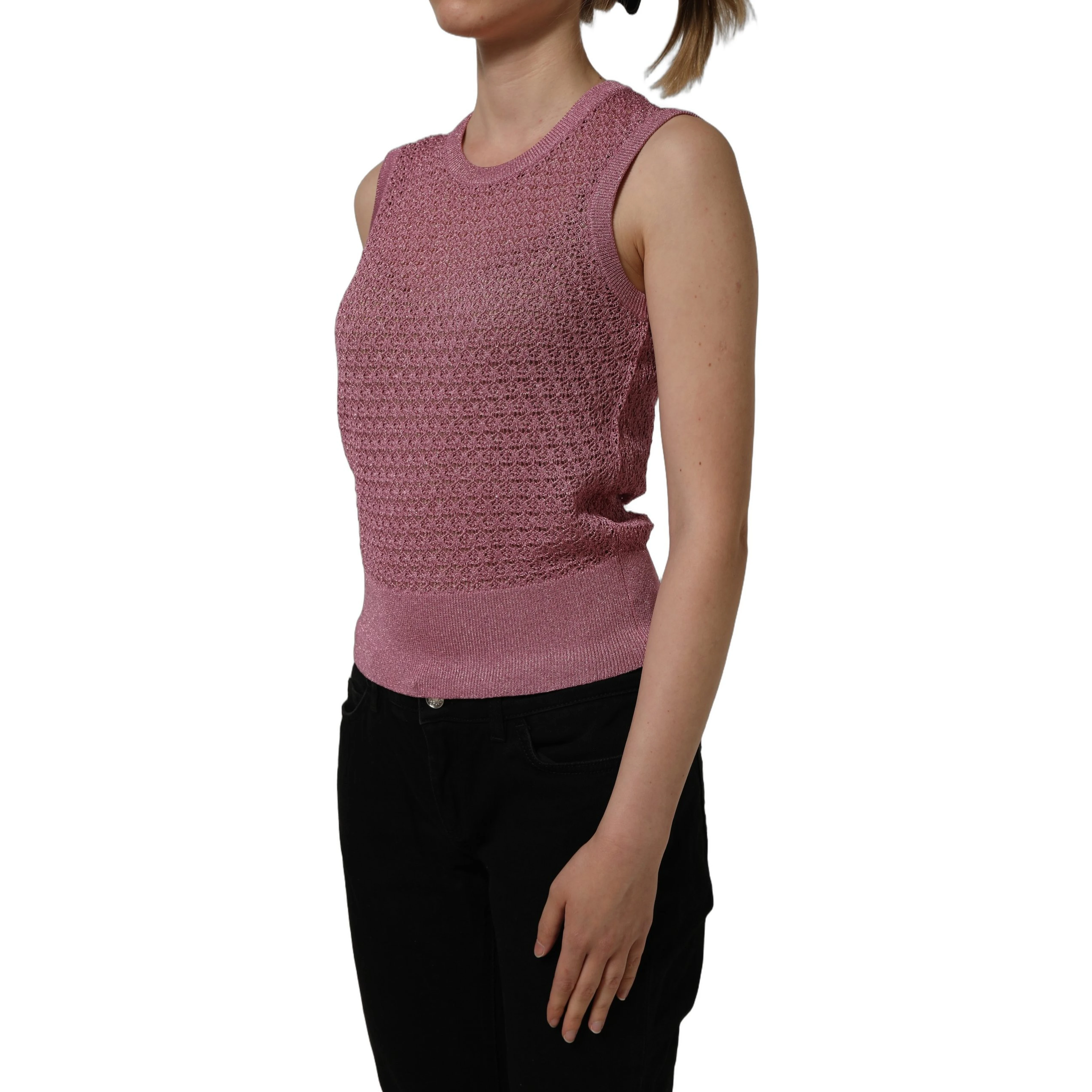 Pink Sheer Mesh Crew Neck Sleeveless Tank Top