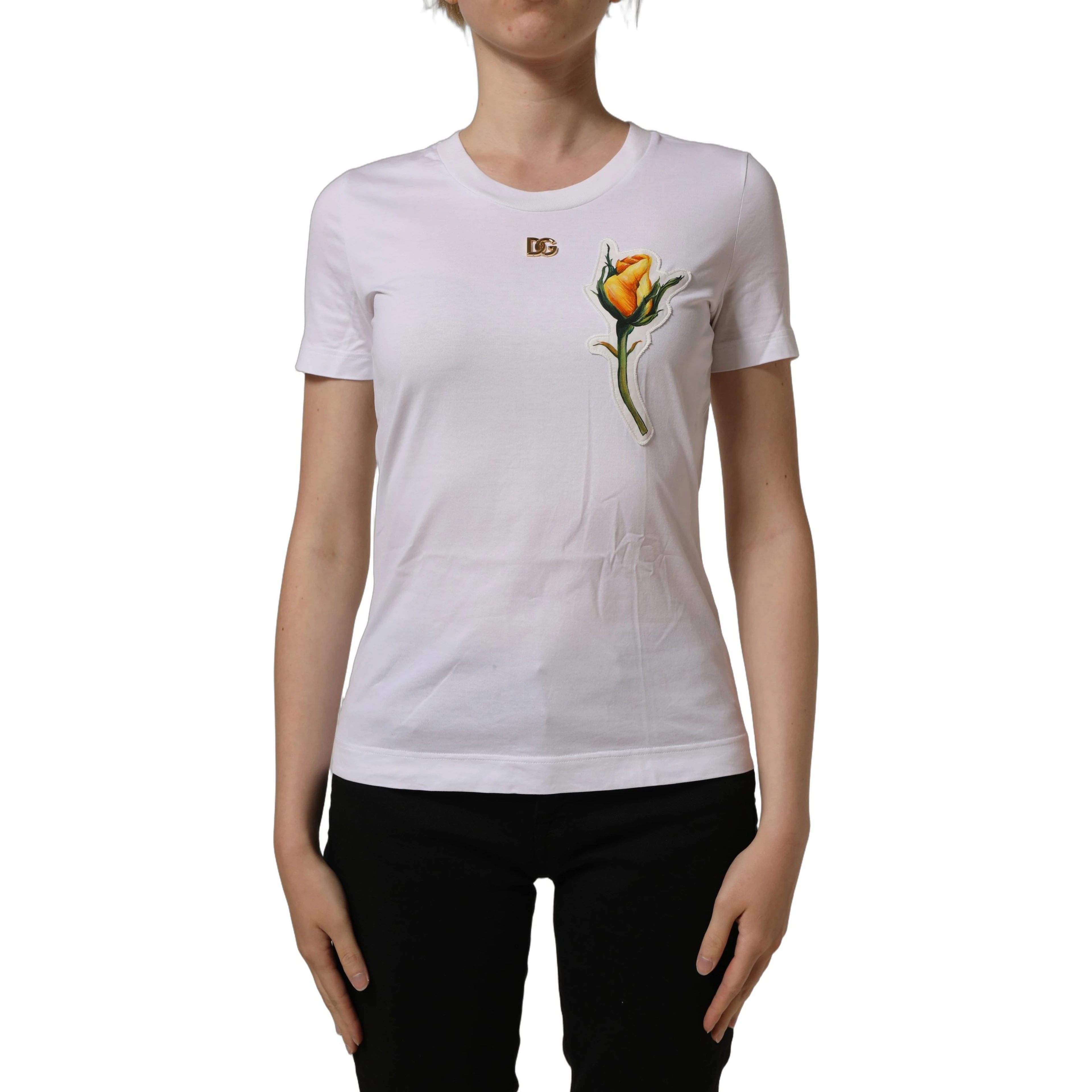 White Cotton Rose Patch Crew Neck T-shirt