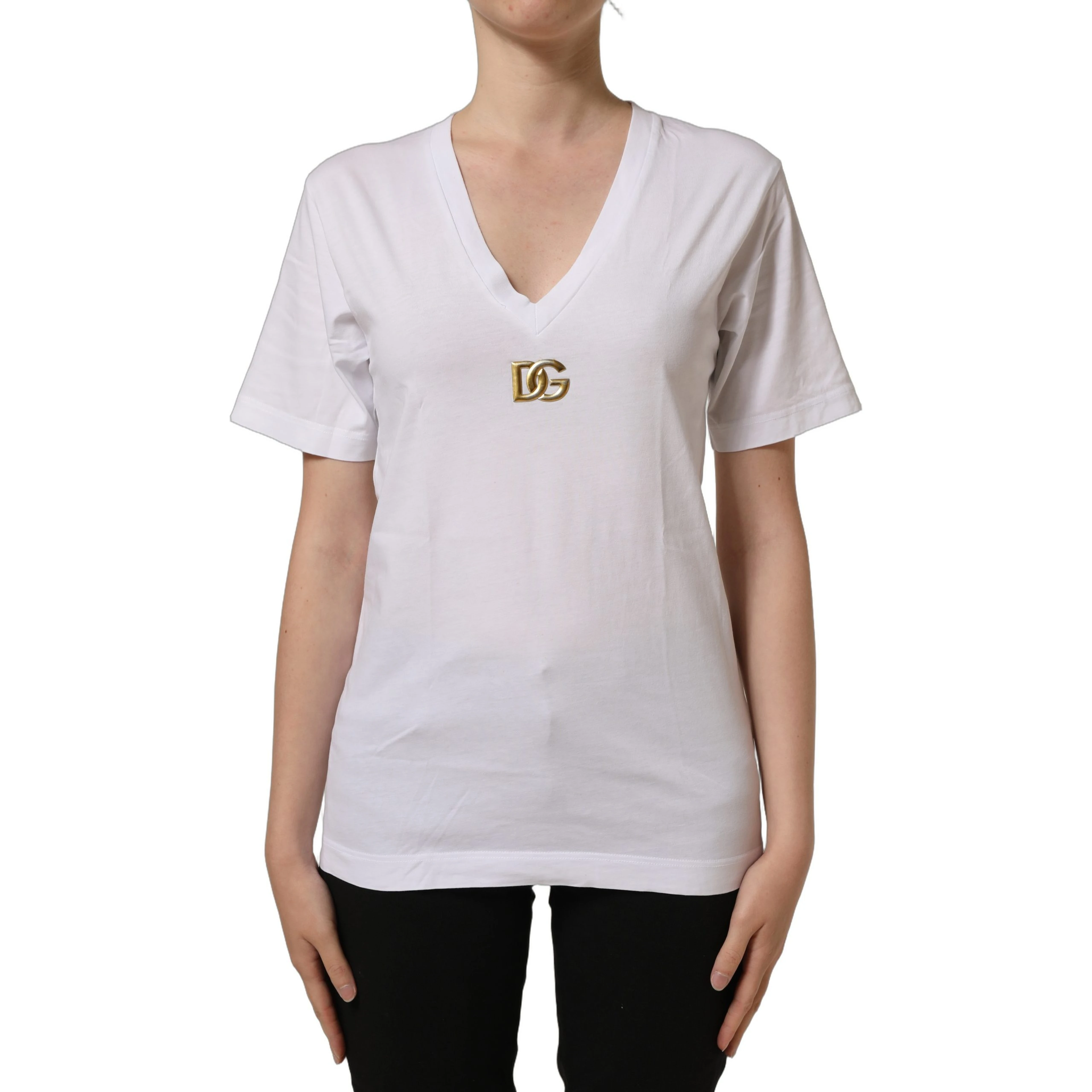 White Cotton Gold DG Logo V-Neck T-shirt