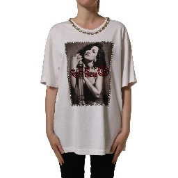 White Printed Jeweled Round Neck T-shirt