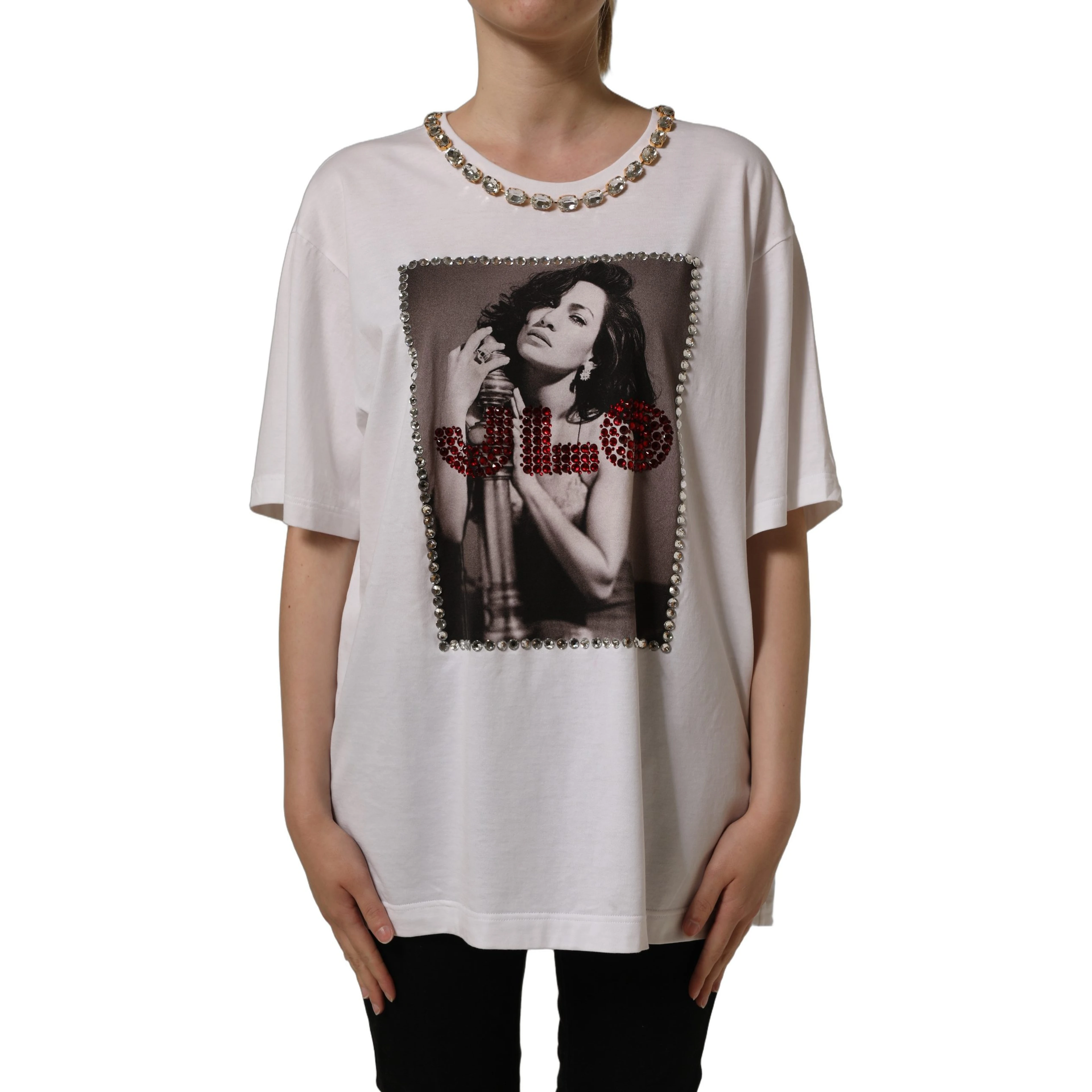 White Printed Jeweled Round Neck T-shirt
