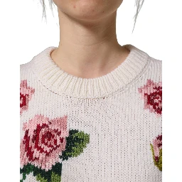White Wool Floral Crew Neck Pullover Sweater