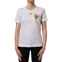 White Cotton Rose Patch Crew Neck T-shirt