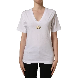 White Cotton Gold DG Logo V-Neck T-shirt