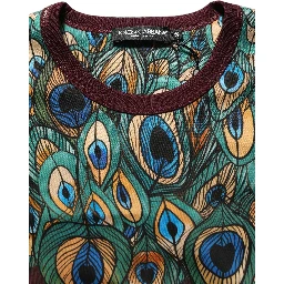 Burgundy Peacock Feather Round Neck T-shirt