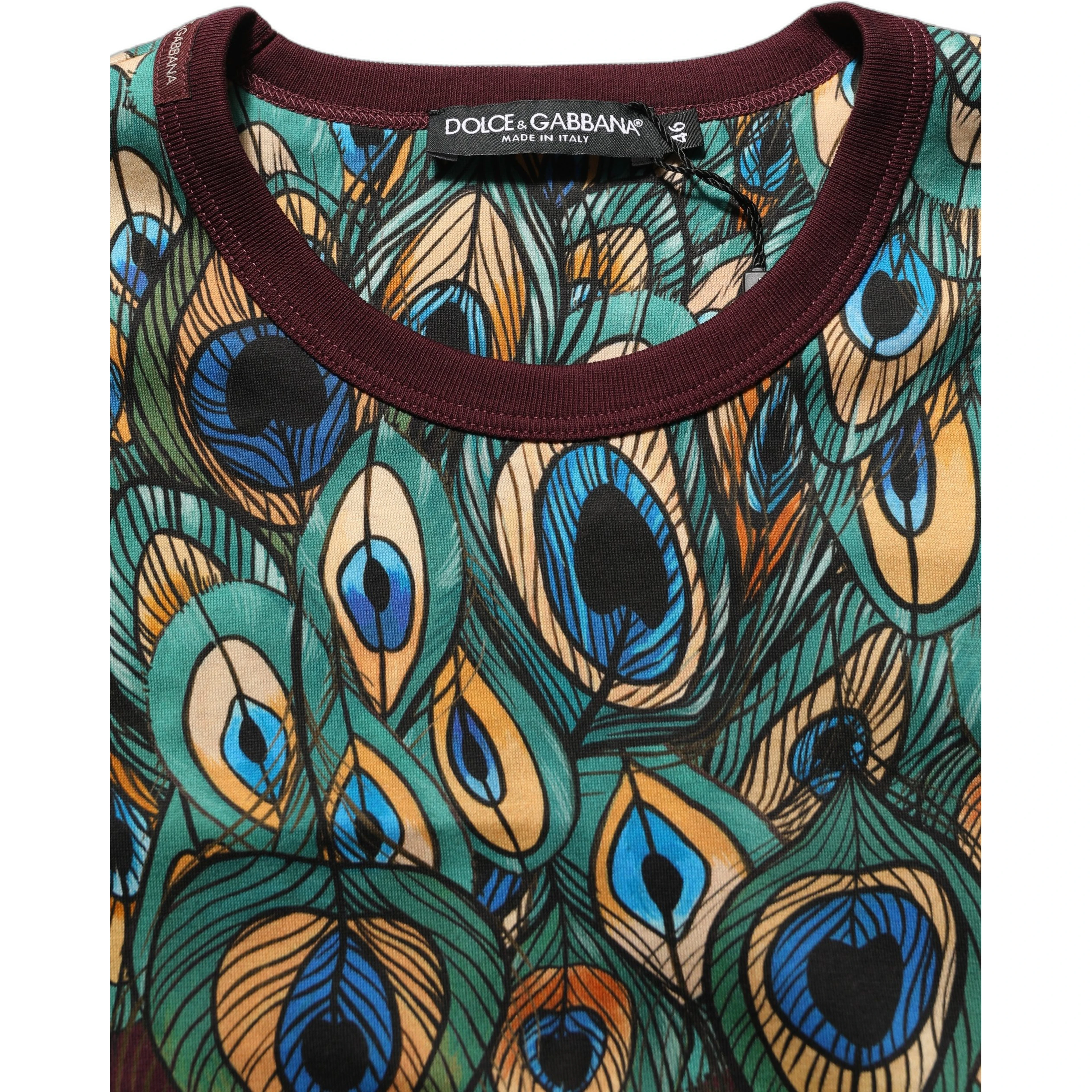 Burgundy Peacock Feather Round Neck T-shirt