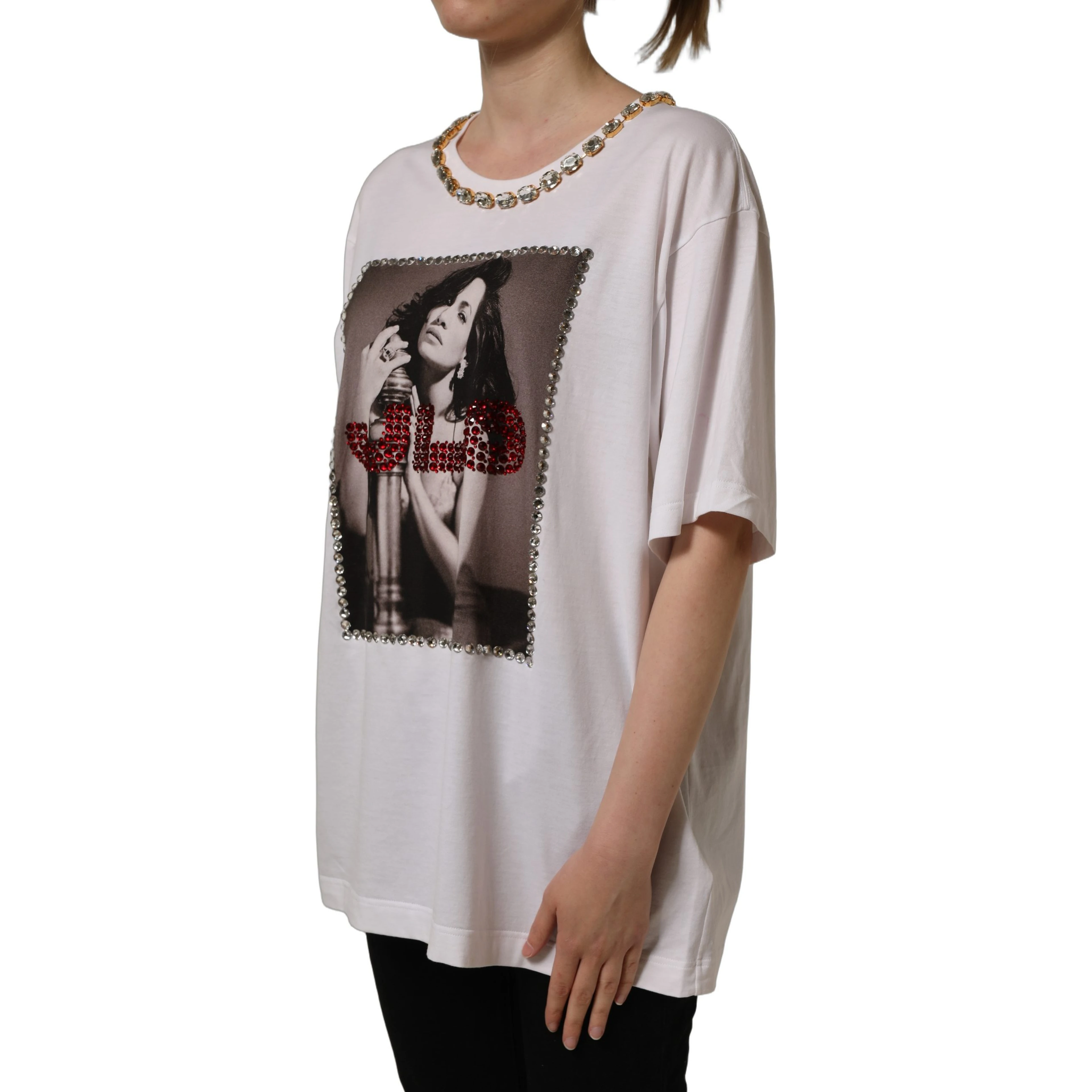 White Printed Jeweled Round Neck T-shirt