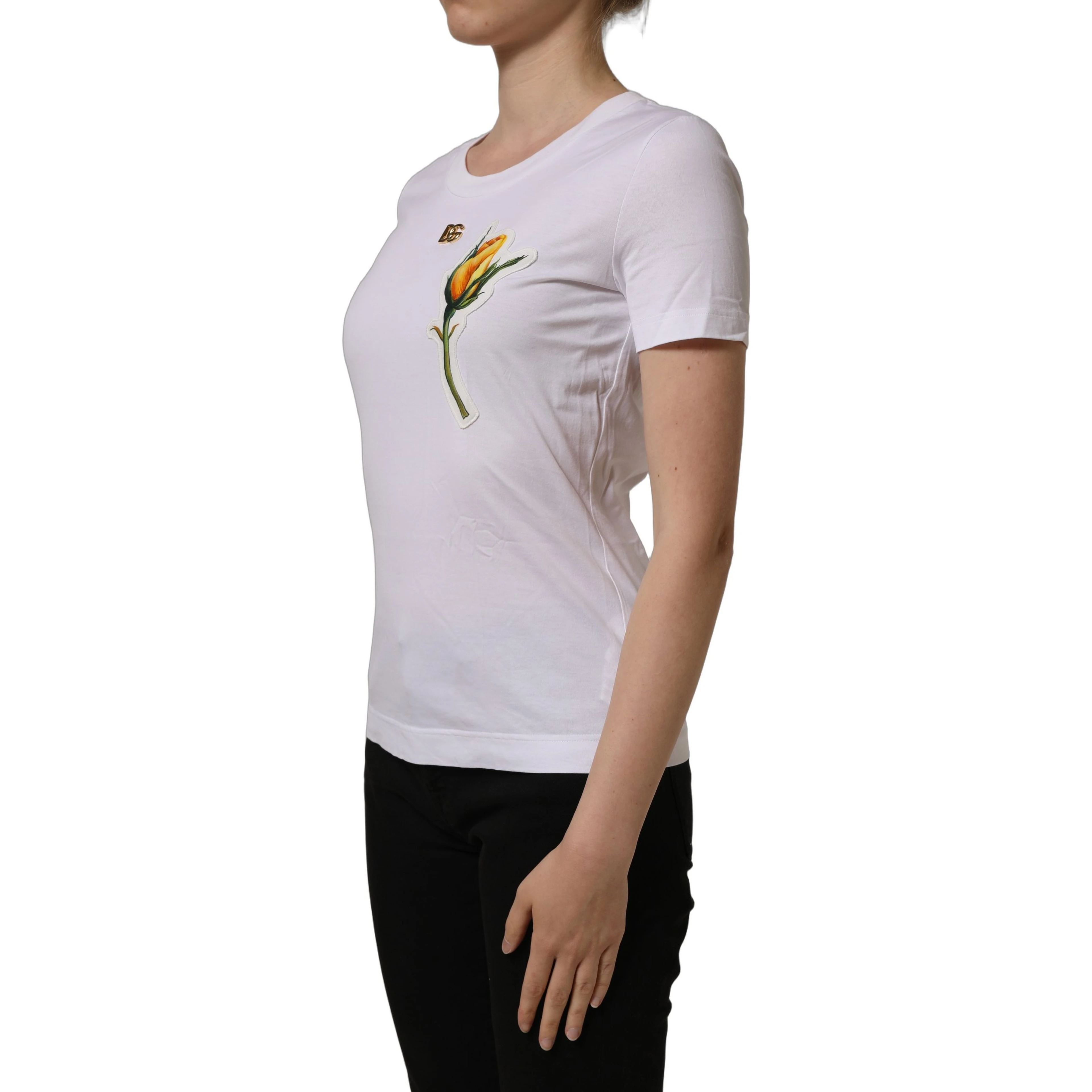 White Cotton Rose Patch Crew Neck T-shirt