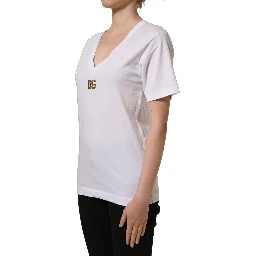 White Cotton Gold DG Logo V-Neck T-shirt