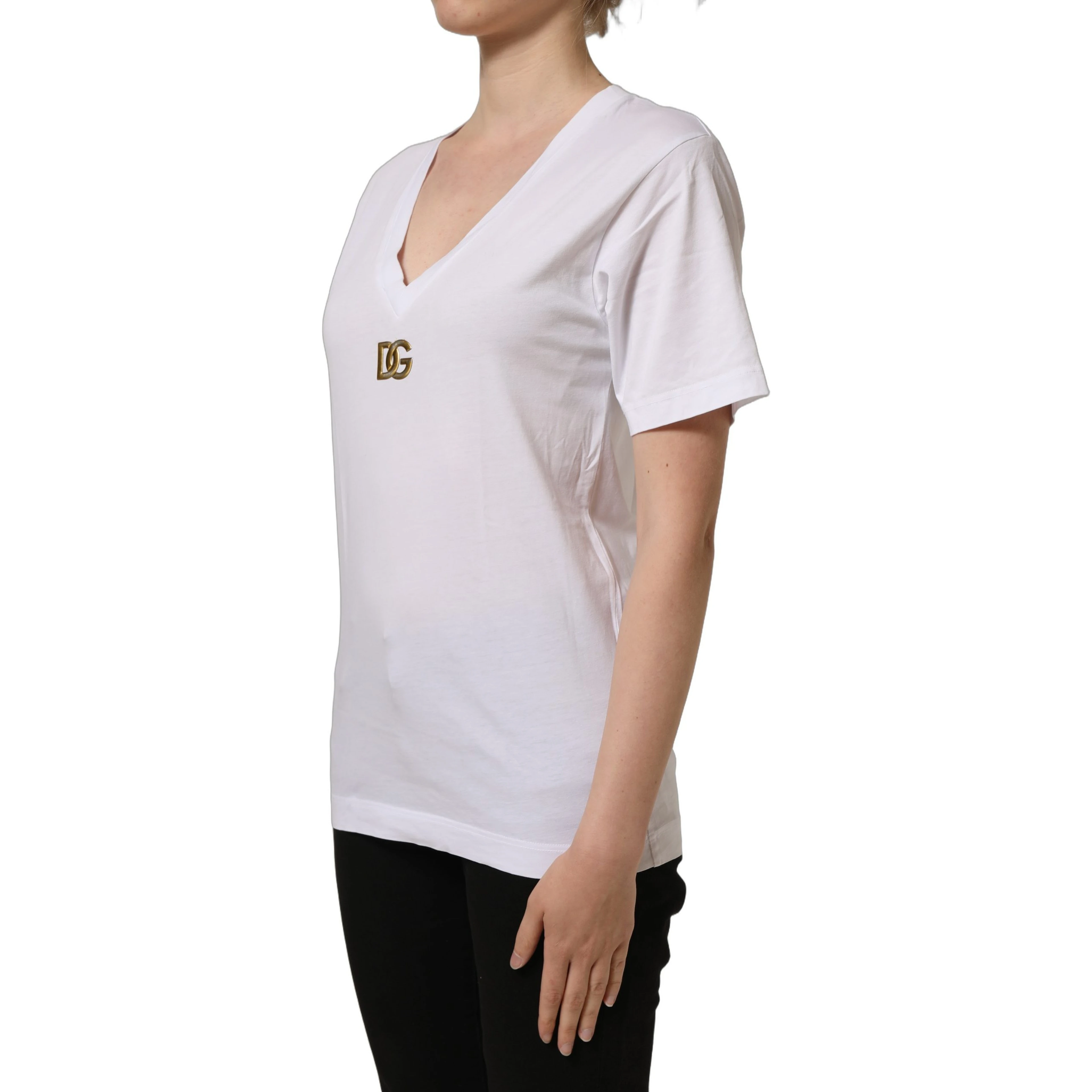 White Cotton Gold DG Logo V-Neck T-shirt