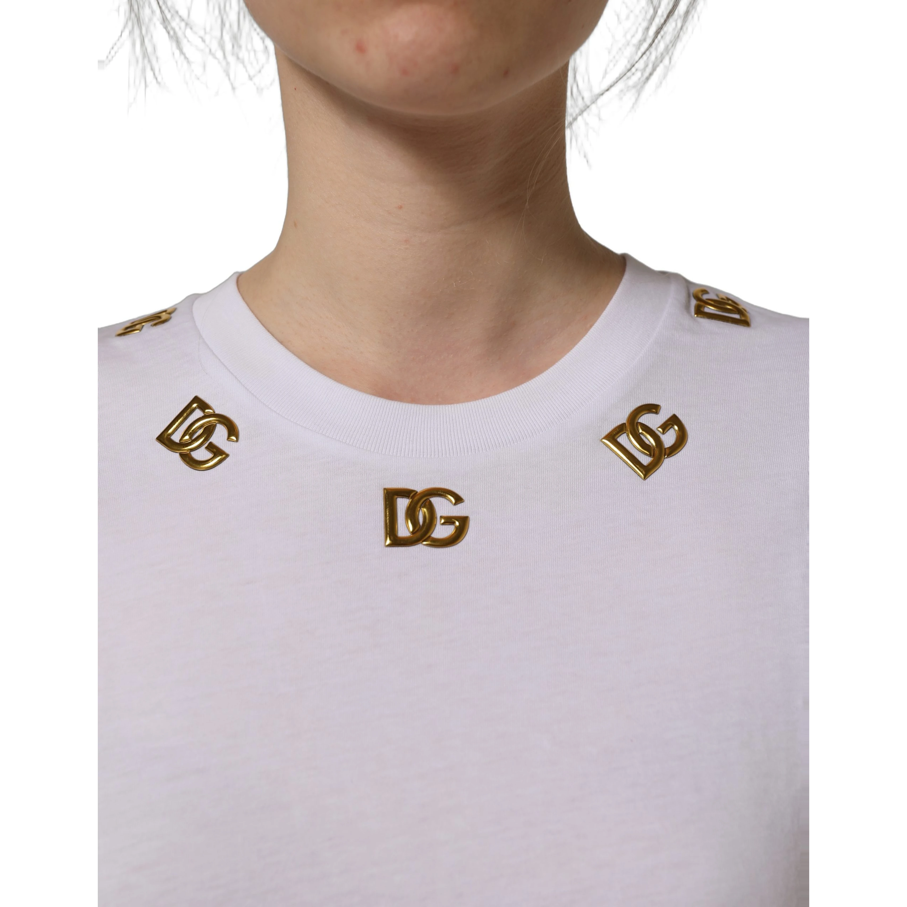 White Cotton Gold DG Logo Crew Neck T-shirt
