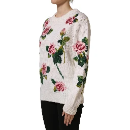 White Wool Floral Crew Neck Pullover Sweater